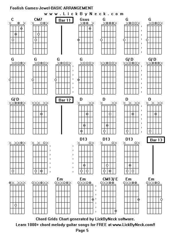 Chord Grids Chart of chord melody fingerstyle guitar song-Foolish Games-Jewel-BASIC ARRANGEMENT,generated by LickByNeck software.